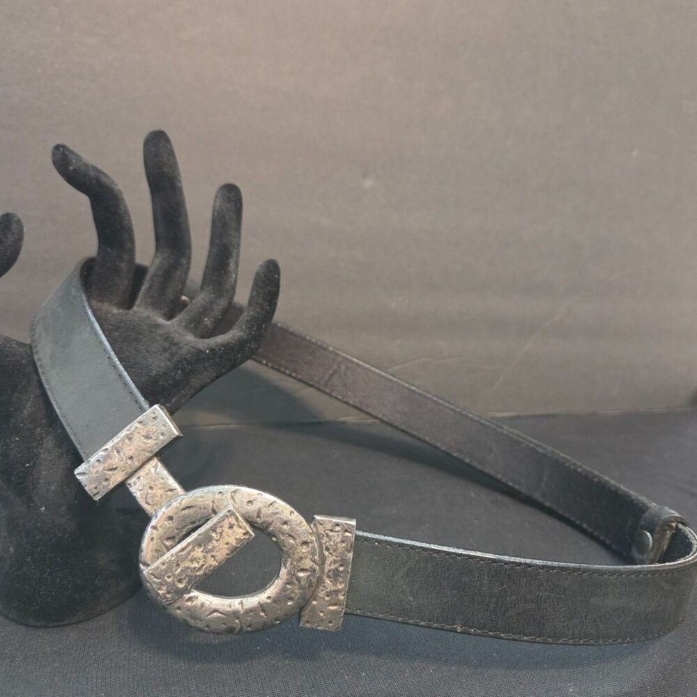 Vintage Chico's Women M/L Genuine Leather Black Belt Toggle Silver Tone Buckle